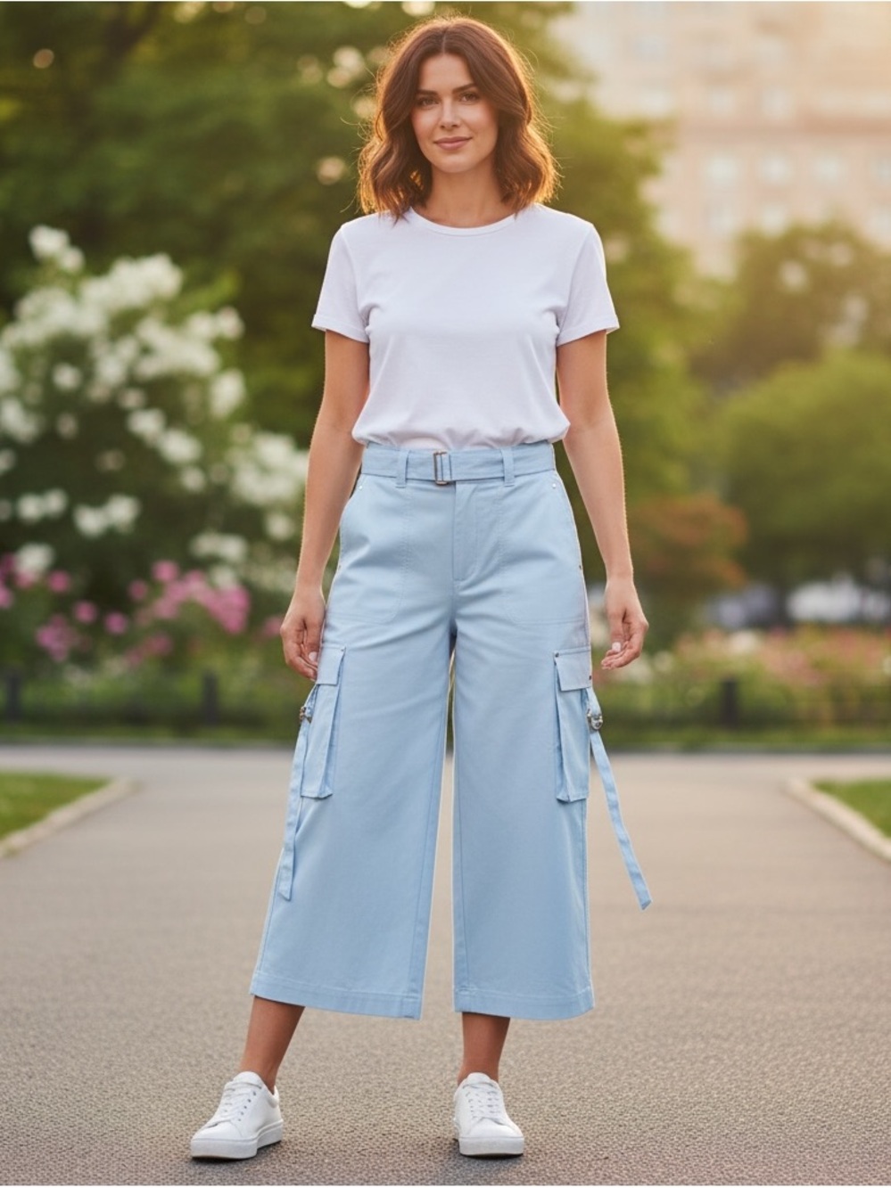 AVEC LES FILLES Belted Wide Leg Cargo Pants Size 29 Pale Blue NWT